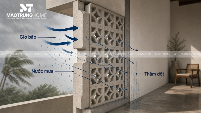 Gió đẩy nước mưa qua lỗ rỗng gạch bông gi