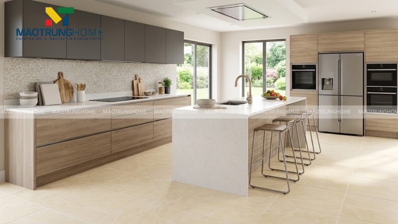 Phòng bếp lát gạch Canary bề mặt men Matt hiện đại