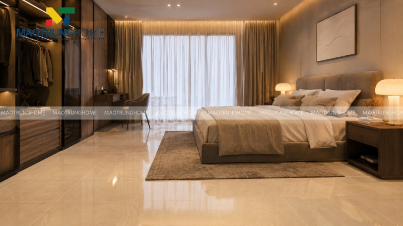 Gạch Canary bề mặt men Matt tone màu tối tạo cảm giác ấm áp cho phòng ngủ