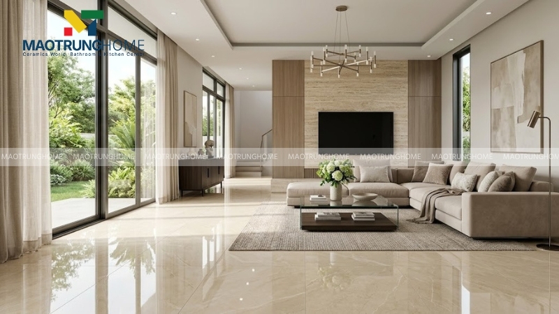 Gạch Canary bóng kính khổ lớn ốp sàn phòng khách hiện đại