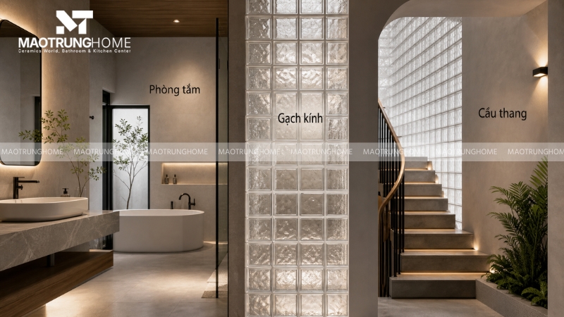 Ứng dụng gạch kính cho phòng tắm nhà ống cầu thang