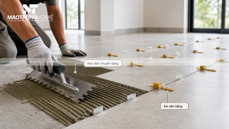 Sử dụng keo dán gạch chuyên dụng và hệ thống ke cân bằng