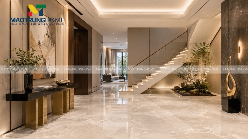 Tiền sảnh của ngôi nhà phố hiện đại lát gạch Pancera bóng kiếng