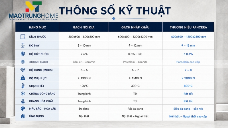 Bảng thông số kỹ thuật của gạch Pancera