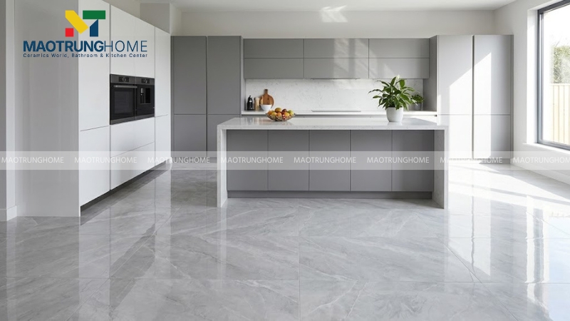 Nhà bếp phong cách hiện đại lát gạch Pancera vân mây