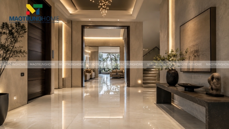 Sảnh nhà hiện đại sang trọng được lát gạch bóng kiếng khổ lớn