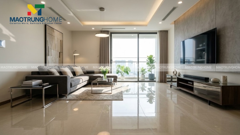 Không gian phòng khách hiện đại lát gạch Toko bóng kiếng