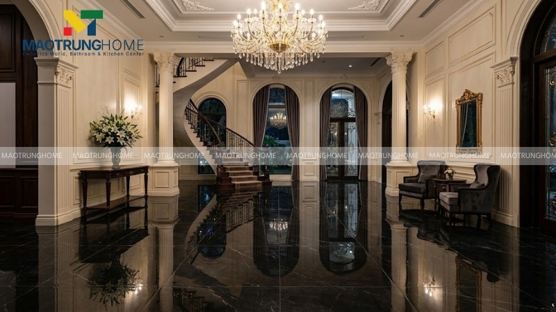 Sảnh biệt thự sang trọng lát gạch bóng kiếng