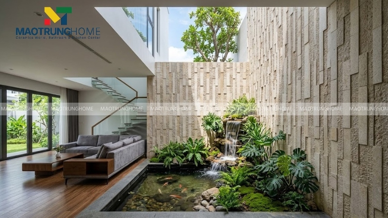 Tiểu cảnh và giếng trời rất phù hợp ốp đá chẻ răng lược