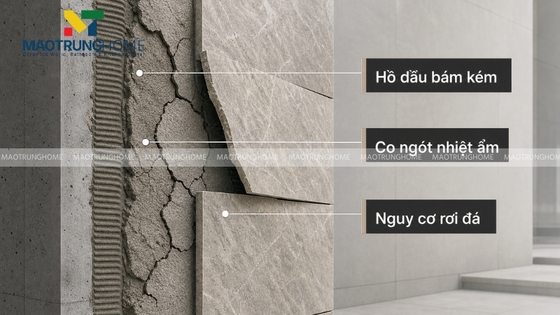 Ốp đá ghép bằng hồ dầu sẽ dễ bị bong tróc sau khi thi công