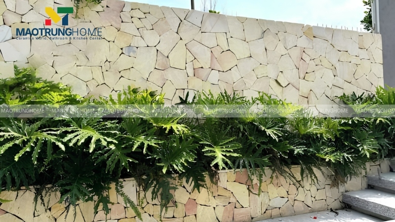 Sân vườn ốp đá ghép vàng tạo cảm giác hài hòa với màu sắc của cây cối