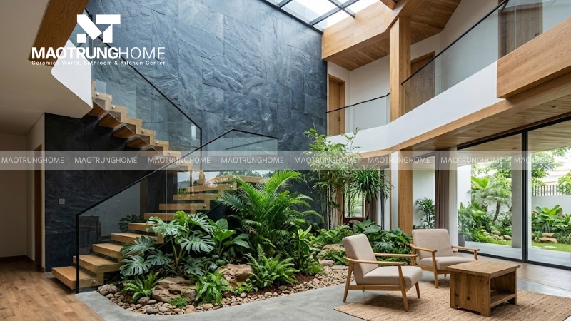 Chọn đá slate xanh đen hoặc đá chẻ tự nhiên cho giếng trời