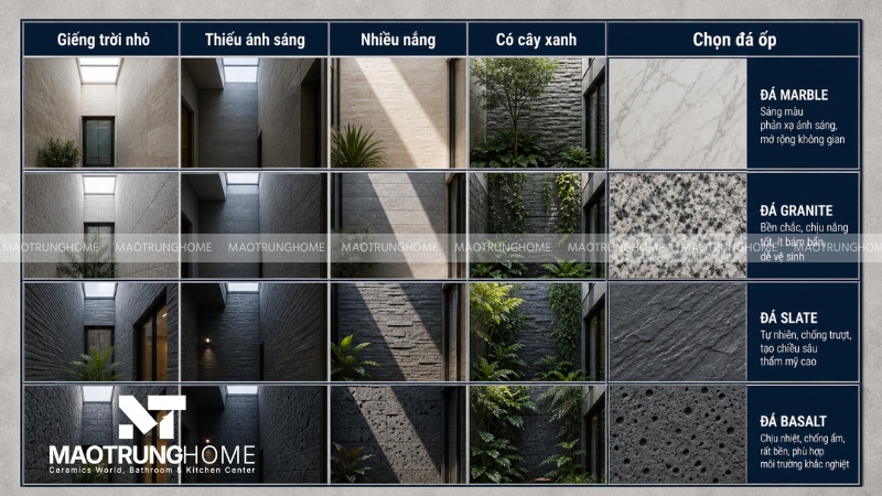Chọn đá ốp giếng trời theo diện tích, ánh sáng và vị trí thực tế