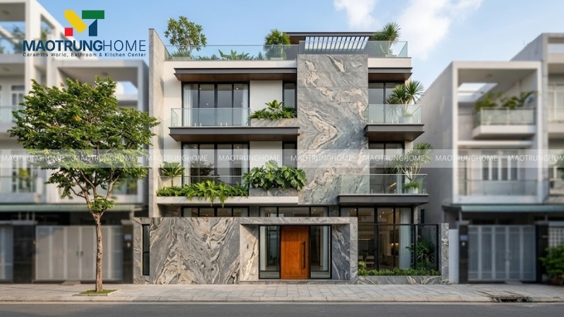 Mặt tiền nhà phố kiến trúc hiện đại ốp đá Granite vân đá