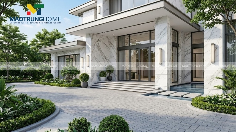 Sảnh biệt kiến trúc thự hiện đại ốp đá Marble tự nhiên vân đá