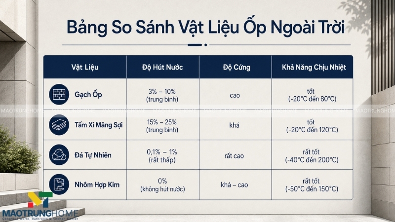 Bảng thông số kỹ thuật so sánh độ hút nước, độ cứng và khả năng chịu nhiệt của các dòng đá ốp mặt tiền phổ biến