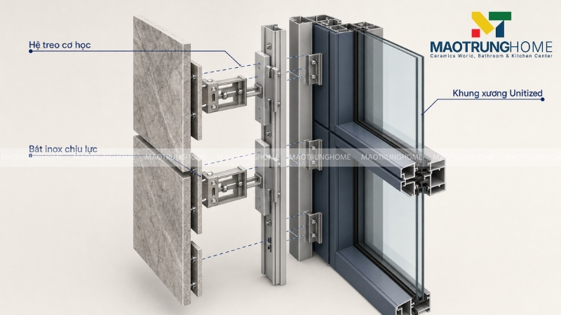 Chi tiết hệ treo bát inox và khung xương Unitized phía sau mặt đá