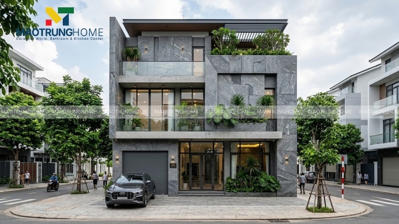 Mặt tiền nhà phố kiến trúc hiện ốp đá Granite xám nguyên khối