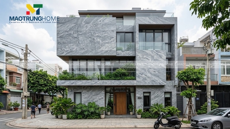 Mặt tiền nhà phố kiến trúc hiện đại ốp đá Granite vân mây