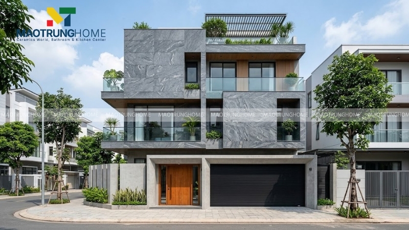 Mặt tiền nhà phố kiến trúc hiện đại sang trọng ốp đá Granite vân hạt