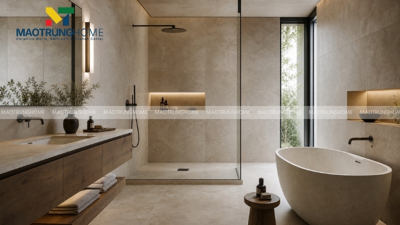 Không gian phòng tắm cao cấp với mảng tường ốp đá bề mặt lapatto bán bóng