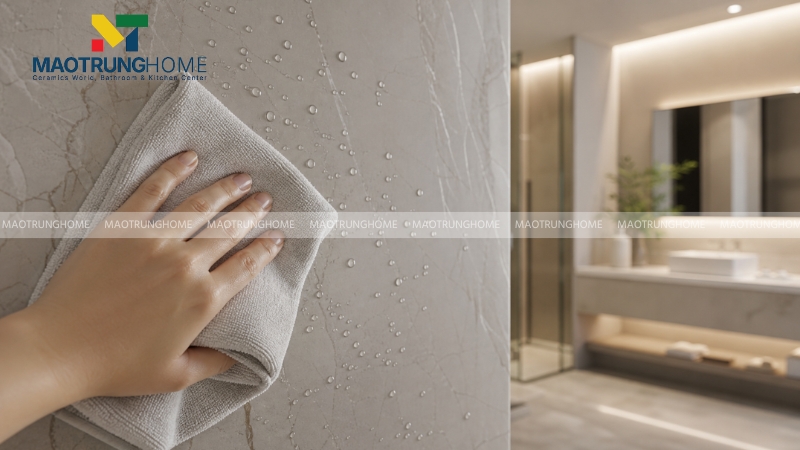 Bề mặt đá ốp tường phòng tắm có thể lau dễ dàng bằng khăn mềm nhờ độ chống thấm tốt