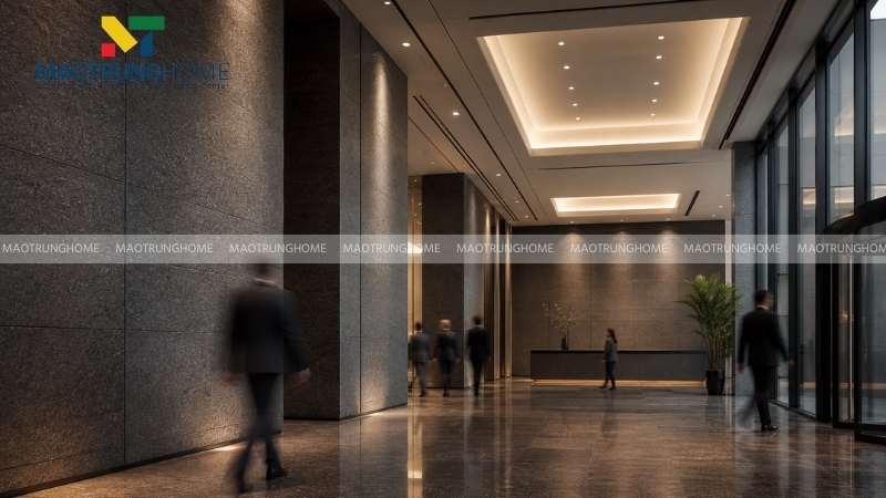 Sảnh thương mại rộng lớn với tường ốp đá Granite bề mặt khò nhám màu tối