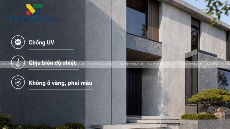 Đá nung kết hoặc đá Granite bề mặt khò nhám là lựa chọn tối ưu để ốp tường mặt tiền