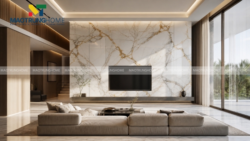 Phòng khách hiện đại sử dụng mẫu đá ốp tường trang trí vân đá