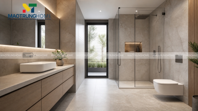 Phòng tắm hiện đại sạch sẽ với tường ốp đá màu trung tính bề mặt matte mờ