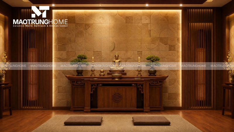 Gạch 3D giúp tạo chiều sâu cho phòng thờ