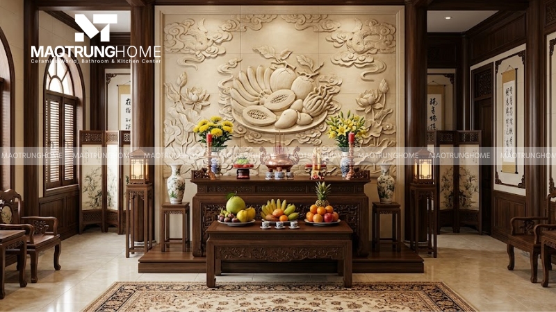Mẫu gạch 3D mâm ngũ quả hoặc họa tiết tâm linh nhẹ (Mẫu 4)