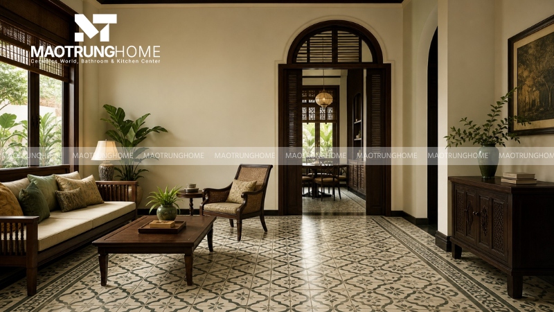 Phong cách Indochine cần nền gạch có họa tiết chọn lọc và tông màu trầm ấm để đúng chất mà không lỗi thời