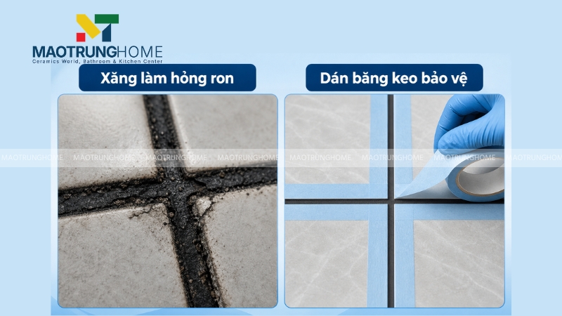 Nên dán băng keo bảo vệ đường ron trước khi sử dụng hóa chất để tẩy nhựa đường