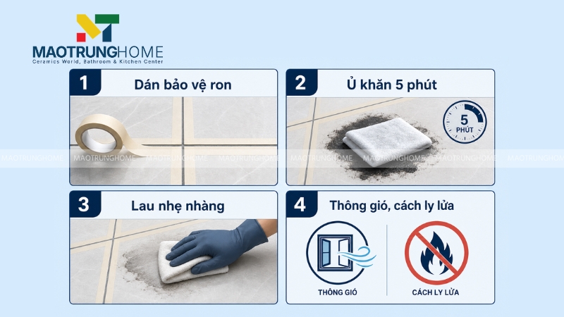 Các bước dùng dầu Diesel hoặc xăng thơm công nghiệp để tẩy nhựa đường trên bề mặt gạch