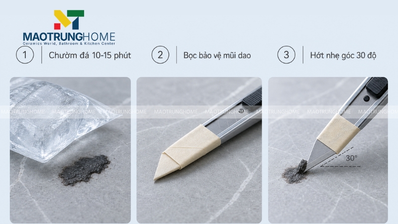 Các bước dùng phương pháp vật lý bằng đá lạnh để tẩy nhựa đường trên bề mặt gạch