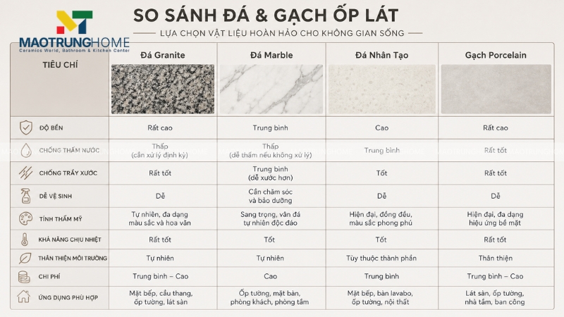Bảng so sánh granite, marble, đá nhân tạo và gạch porcelain giả đá
