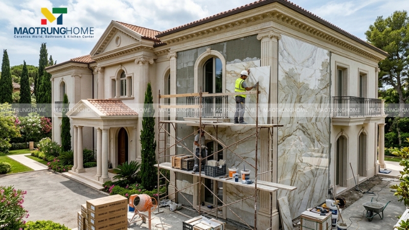 Đá marble vân nhẹ cho mặt tiền sang trọng