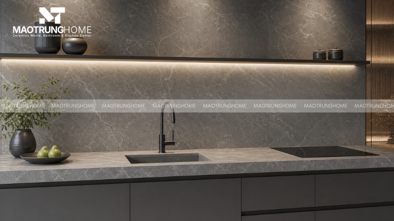 Không gian bếp sử dụng Sintered Stone ốp tường liền khối