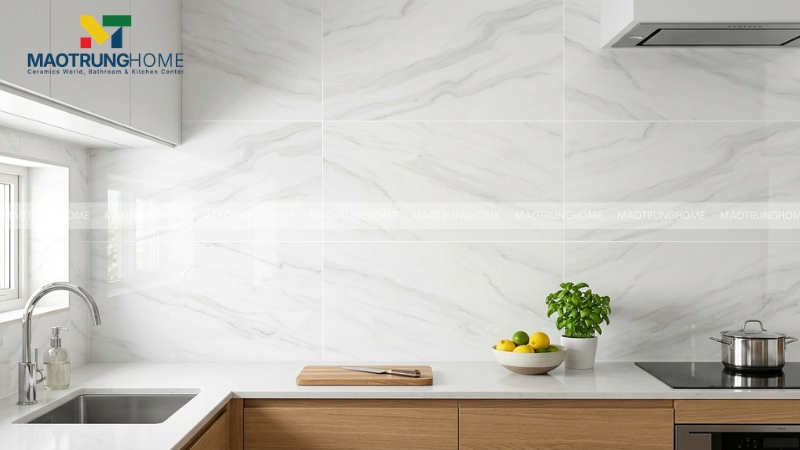 Mẫu đá trắng vân mây ốp bếp