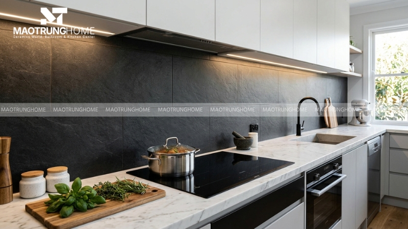 Đá nền tối tạo chiều sâu và cảm giác sang gọn cho khu bếp