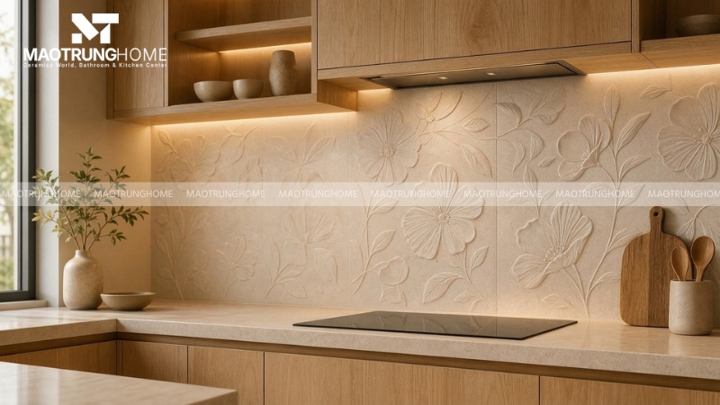 Bếp gia đình dùng gạch 3D hoa lá nhẹ, phối với tủ gỗ sáng