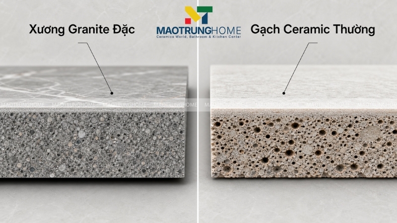 Mặt cắt so sánh cấu trúc xương gạch Porcelain và Granite Bạch Mã với Ceramic thông thường