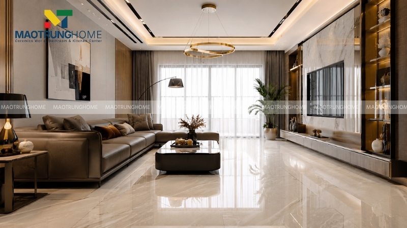 Phòng khách lát gạch Bạch Mã bóng kiếng sang trọng
