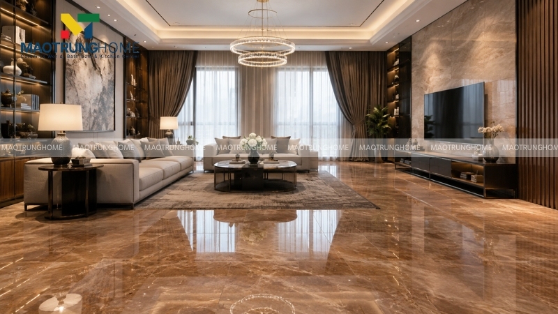 Phòng khách lát gạch Bạch Mã khổ lớn vân mây