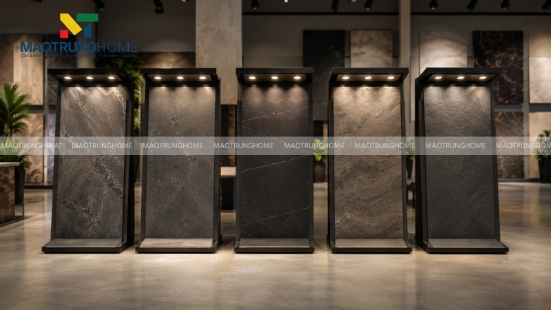 Gạch tone trầm khổ lớn hợp biệt thự, sảnh lớn, showroom, không gian mở rộng