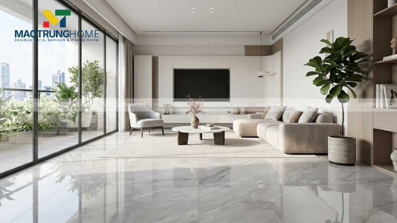 Gạch nhập khẩu Ý bóng kiếng khổ lớn tạo cảm giác liền mạch cho căn phòng