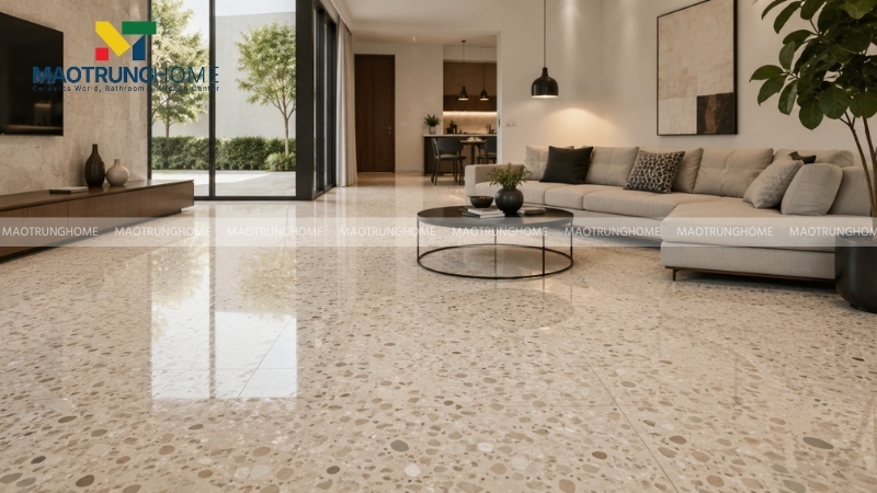 Phòng khách phong cách hiện đại lát gạch terrazzo khổ lớn màu be