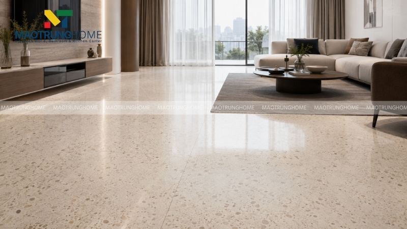 Phòng khách hiện đại lát gạch terrazzo khổ lớn