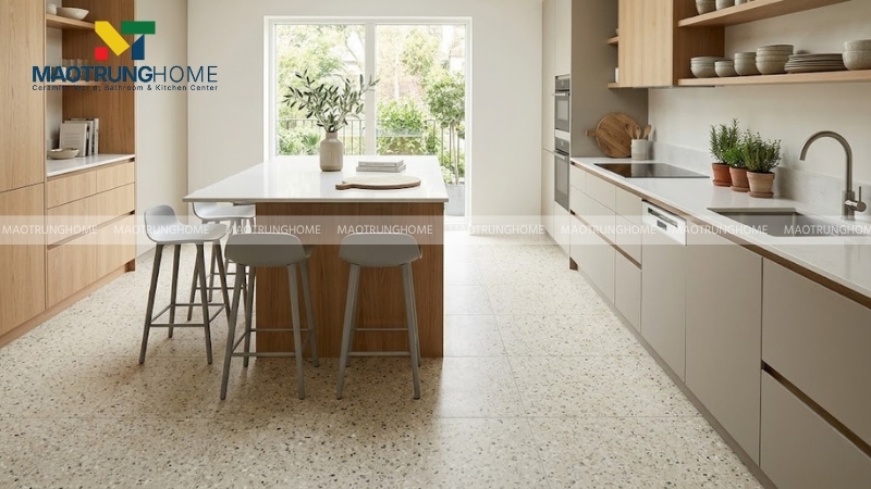 Khu vực bếp hiện đại lát gạch terrazzo men matt